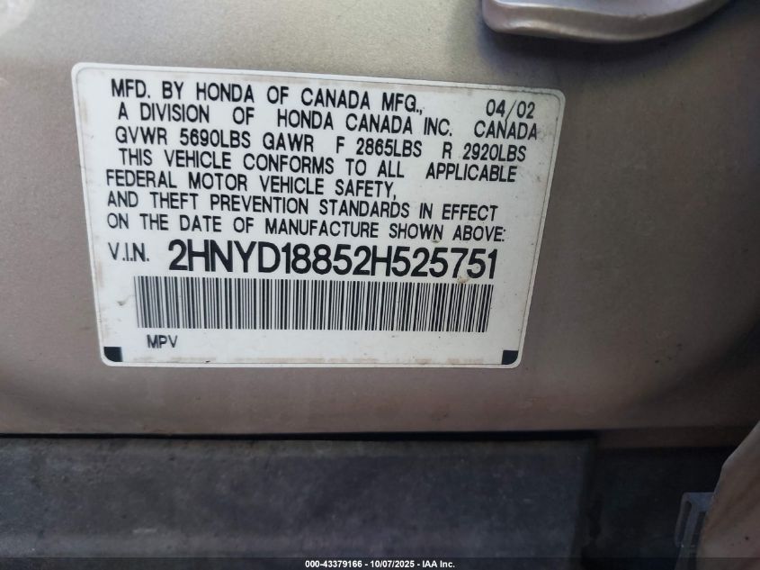 2002 Acura Mdx VIN: 2HNYD18852H525751 Lot: 43379166