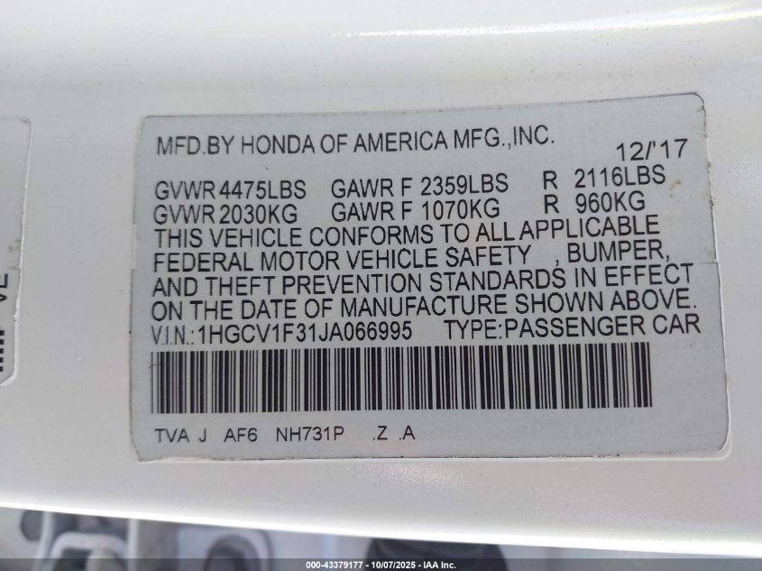 2018 Honda Accord Sport VIN: 1HGCV1F31JA066995 Lot: 43379177