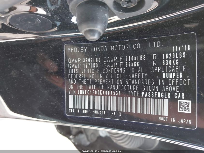 2019 Honda Civic Touring VIN: JHMFC1F90KX004538 Lot: 43379180