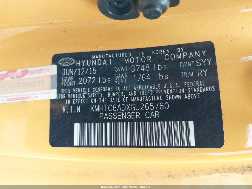 2016 Hyundai Veloster VIN: KMHTC6ADXGU265760 Lot: 43379207