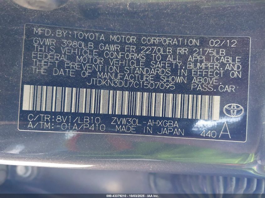 2012 Toyota Prius Four VIN: JTDKN3DU7C1507095 Lot: 43379210