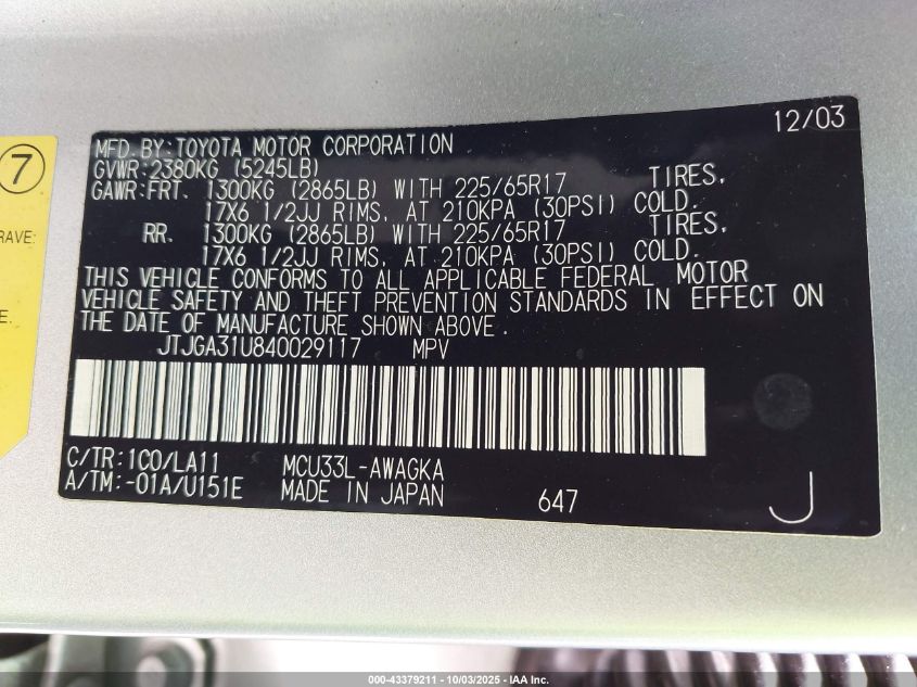 2004 Lexus Rx 330 VIN: JTJGA31U840029117 Lot: 43379211