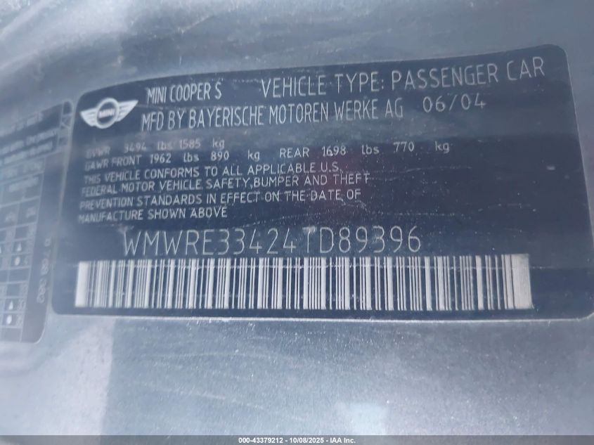 2004 Mini Cooper S VIN: WMWRE33424TD89396 Lot: 43379212