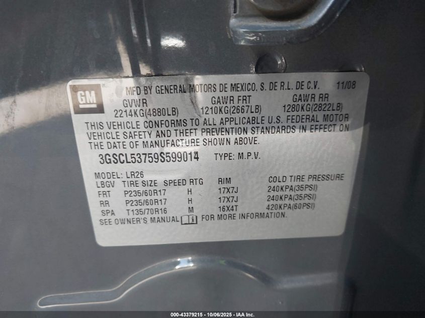 2009 Saturn Vue V6 Xr VIN: 3GSCL53759S599014 Lot: 43379215