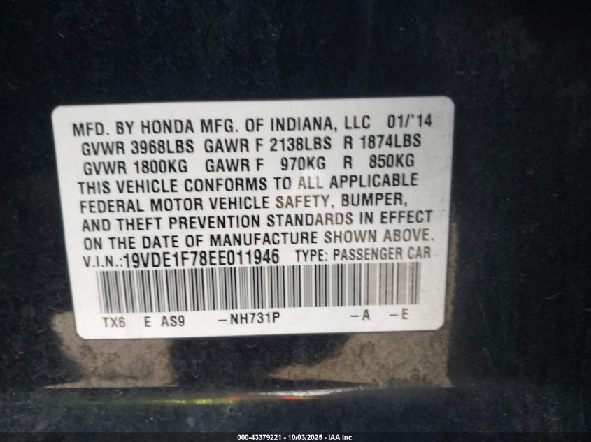 2014 Acura Ilx 2.0L VIN: 19VDE1F78EE011946 Lot: 43379221