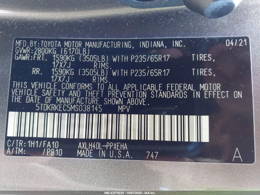 2021 Toyota Sienna Le VIN: 5TDKRKEC5MS038145 Lot: 43379225