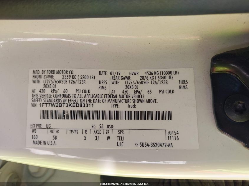 2019 Ford F-250 Lariat VIN: 1FT7W2BT3KED83311 Lot: 43379226