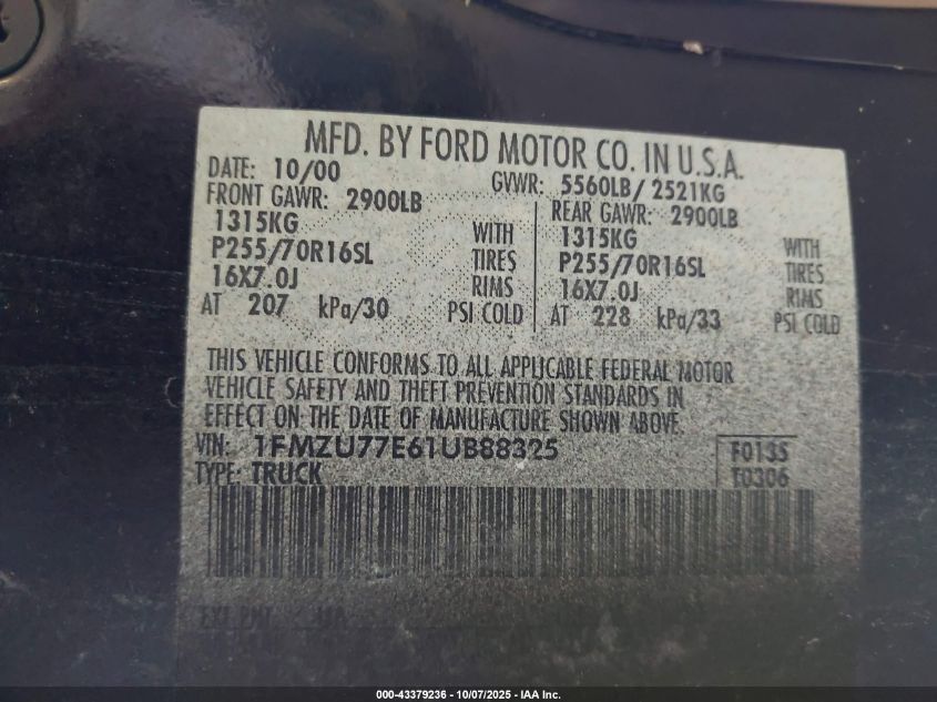 2001 Ford Explorer Sport Trac VIN: 1FMZU77E61UB88325 Lot: 43379236