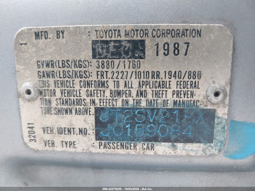 1988 Toyota Camry Dlx VIN: JT2SV21EXJ0159084 Lot: 43379255