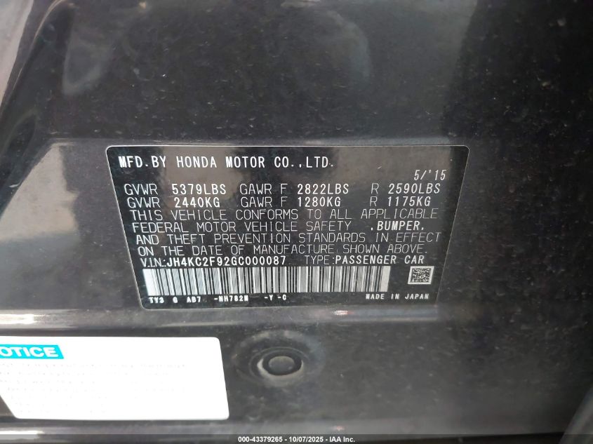 2016 Acura Rlx Sport Hybrid Advance Package VIN: JH4KC2F92GC000087 Lot: 43379265