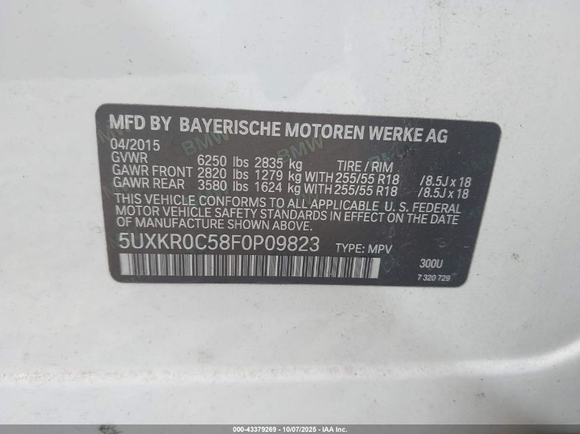 2015 BMW X5 xDrive35I VIN: 5UXKR0C58F0P09823 Lot: 43379269