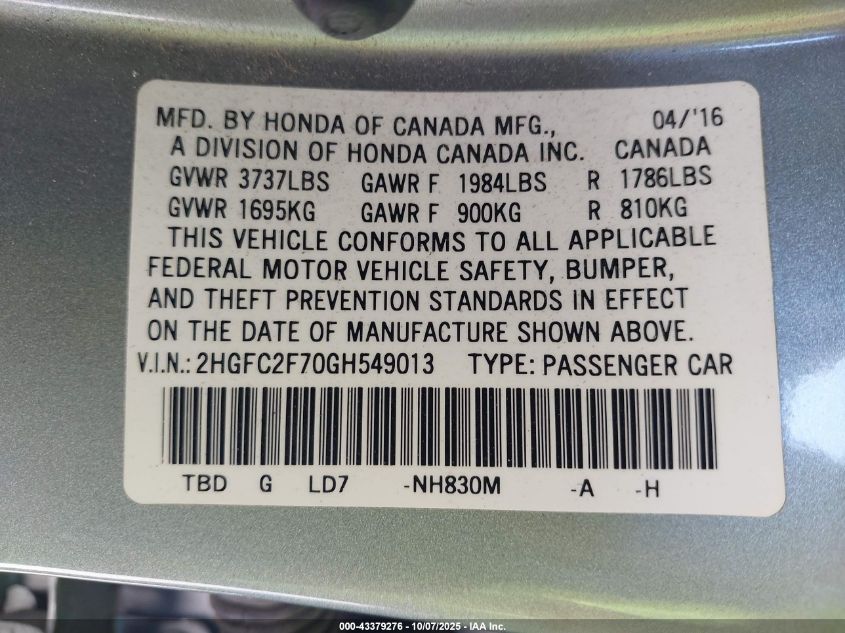 2016 Honda Civic Ex VIN: 2HGFC2F70GH549013 Lot: 43379276