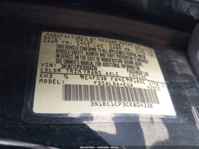 2012 Nissan Versa 1.8 S VIN: 3N1BC1CP3CK804338 Lot: 43379281