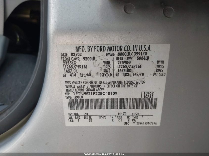 2002 Ford F-250 Lariat/Xl/Xlt VIN: 1FTNW21F22EC40109 Lot: 43379285