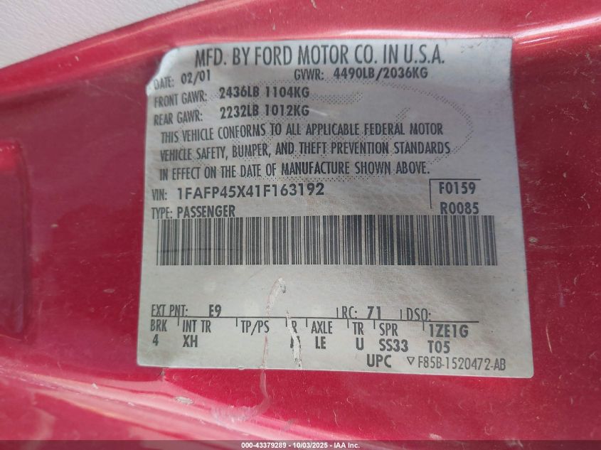 2001 Ford Mustang Gt VIN: 1FAFP45X41F163192 Lot: 43379289