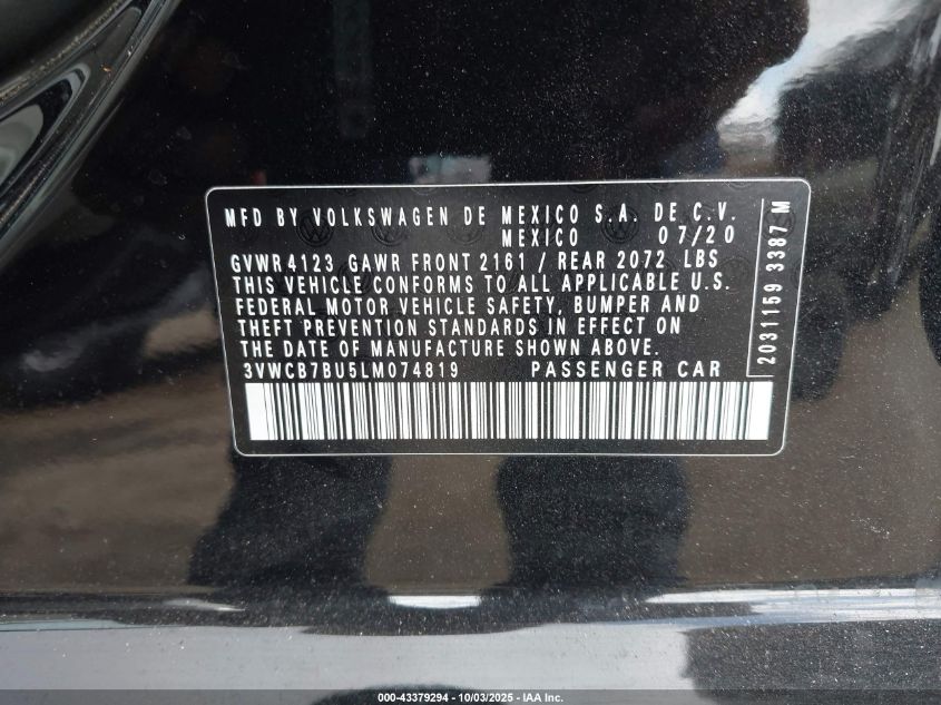 2020 Volkswagen Jetta 1.4T R-Line/1.4T S/1.4T Se VIN: 3VWCB7BU5LM074819 Lot: 43379294