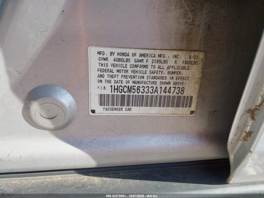 2003 Honda Accord 2.4 Lx VIN: 1HGCM56333A144738 Lot: 43379301