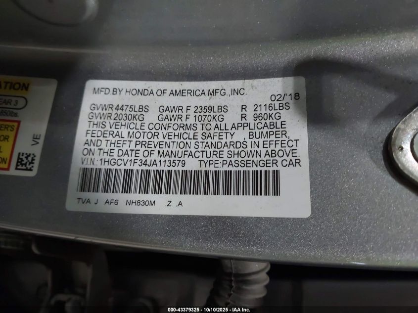 2018 Honda Accord Sport VIN: 1HGCV1F34JA113579 Lot: 43379325