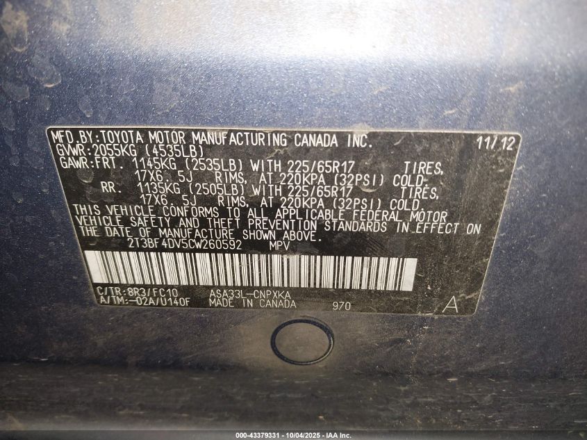 2012 Toyota Rav4 VIN: 2T3BF4DV5CW260592 Lot: 43379331