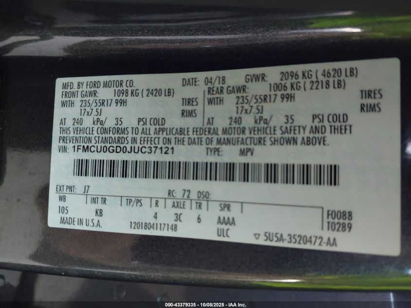 2018 Ford Escape Se VIN: 1FMCU0GD0JUC37121 Lot: 43379335