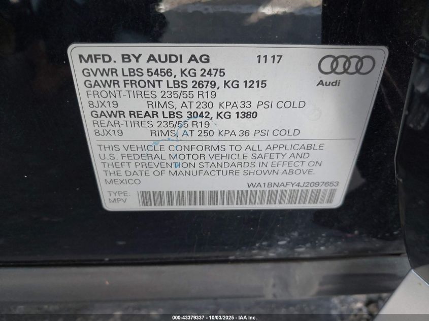 2018 Audi Q5 VIN: WA1BNAFY4J2097653 Lot: 43379337