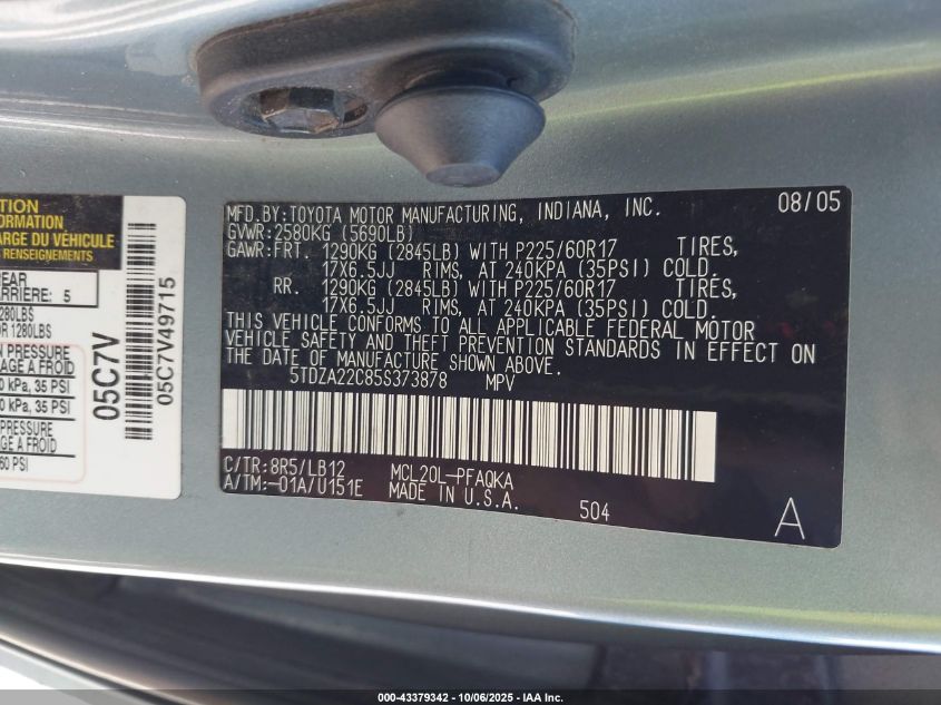 2005 Toyota Sienna Xle Limited VIN: 5TDZA22C85S373878 Lot: 43379342