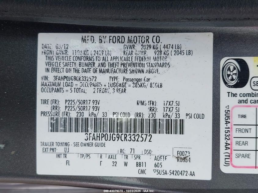 2012 Ford Fusion Sel VIN: 3FAHP0JG9CR332572 Lot: 43379370