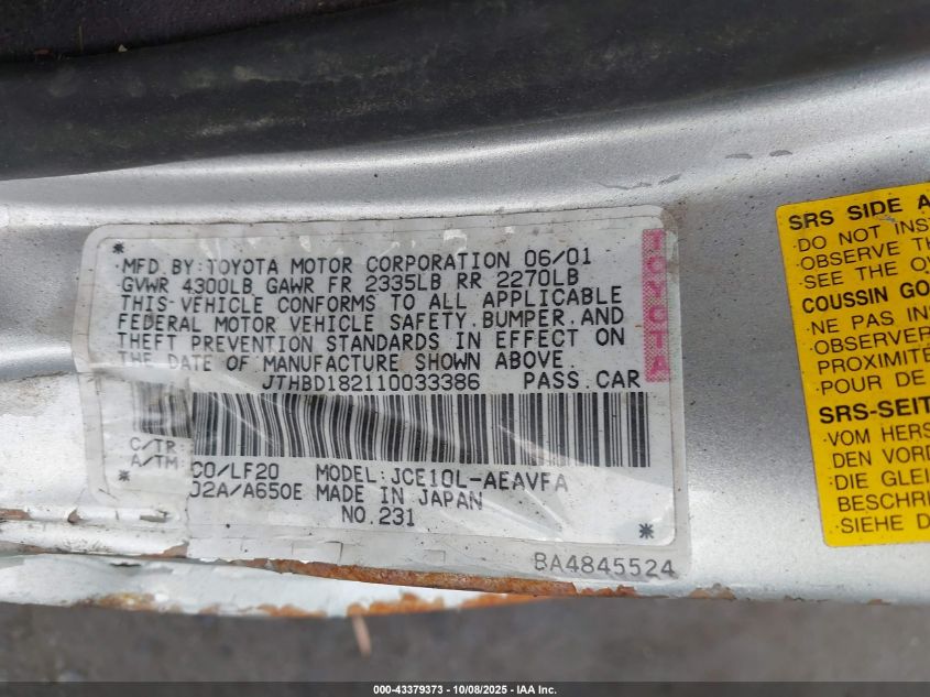 2001 Lexus Is 300 VIN: JTHBD182110033386 Lot: 43379373