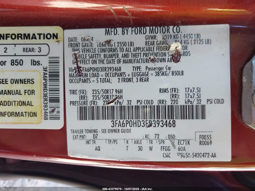 2014 Ford Fusion Se VIN: 3FA6P0HD3ER393468 Lot: 43379379