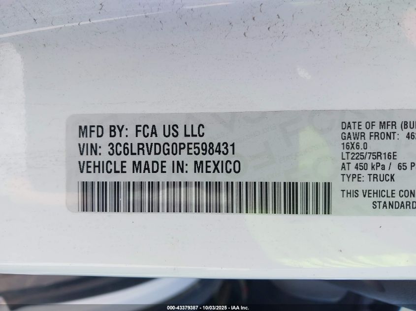 2023 Ram Promaster 2500 High Roof 159 Wb VIN: 3C6LRVDG0PE598431 Lot: 43379387