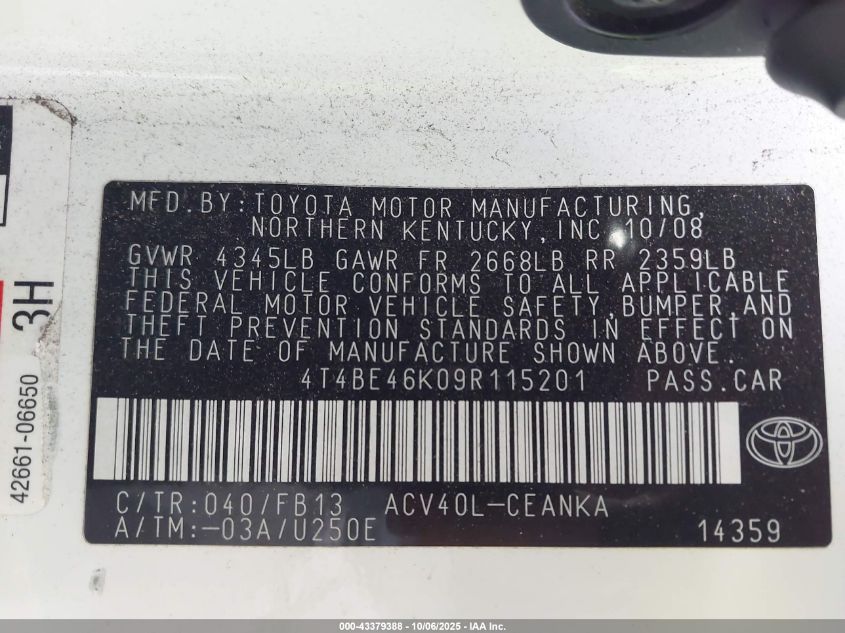 2009 Toyota Camry Le VIN: 4T4BE46K09R115201 Lot: 43379388