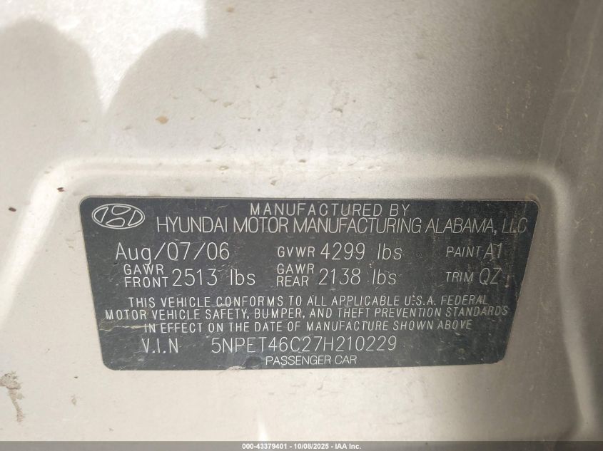 2007 Hyundai Sonata Gls VIN: 5NPET46C27H210229 Lot: 43379401