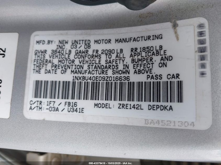 2009 Toyota Corolla Le VIN: 1NXBU40E09Z016636 Lot: 43379418