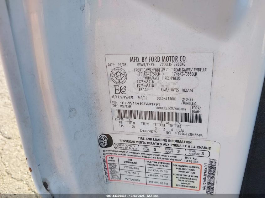 2009 Ford F-150 Fx4/King Ranch/Lariat/Platinum/Xl/Xlt VIN: 1FTPW14V19FA01791 Lot: 43379433