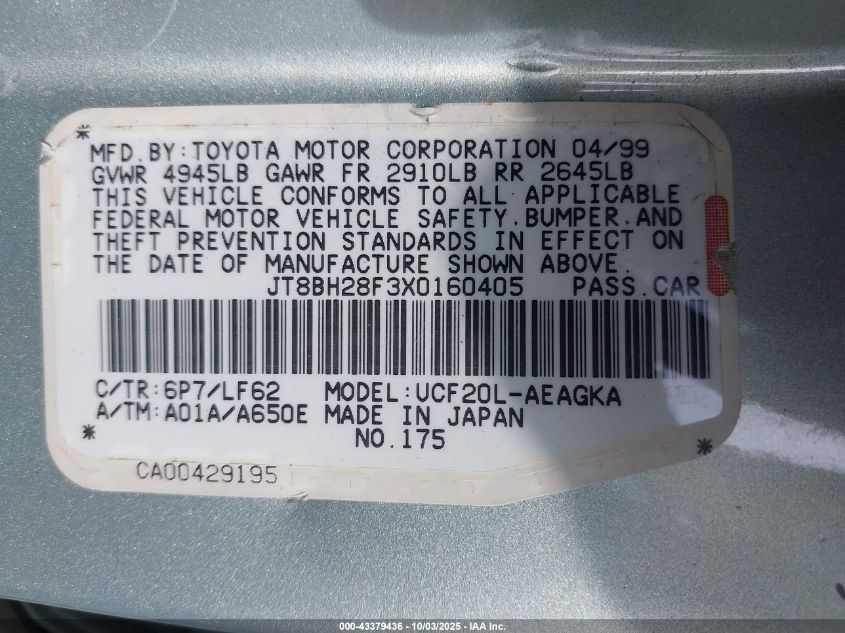 1999 Lexus Ls 400 VIN: JT8BH28F3X0160405 Lot: 43379436