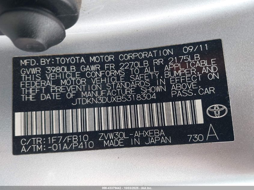 2011 Toyota Prius Two VIN: JTDKN3DUXB5318304 Lot: 43379442