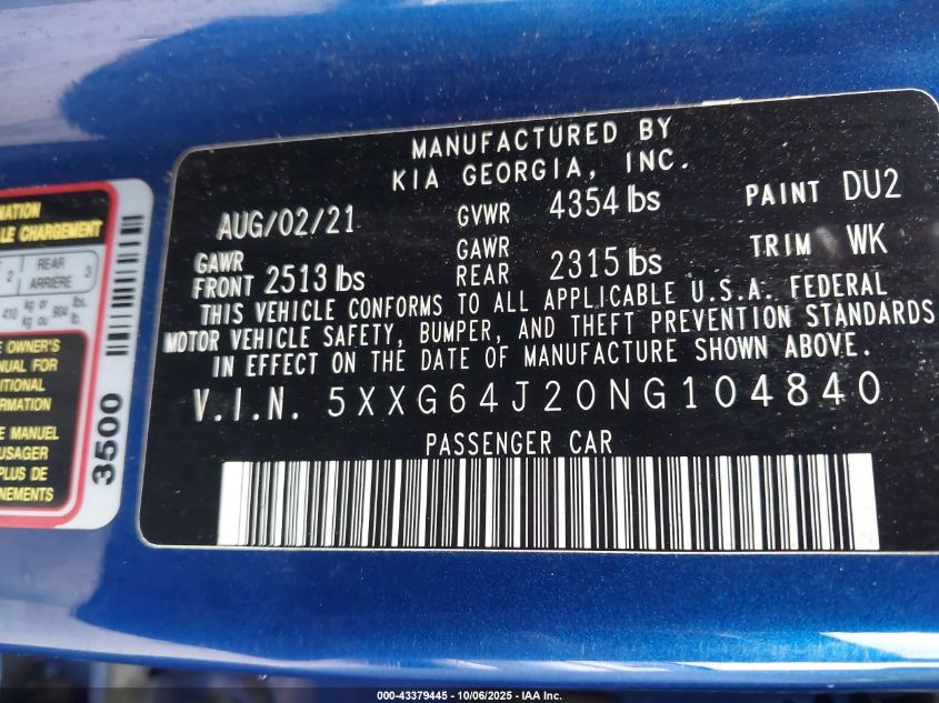2022 Kia K5 Gt-Line VIN: 5XXG64J20NG104840 Lot: 43379445
