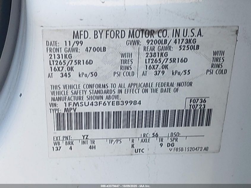 2000 Ford Excursion Limited VIN: 1FMSU43F6YEB39984 Lot: 43379447