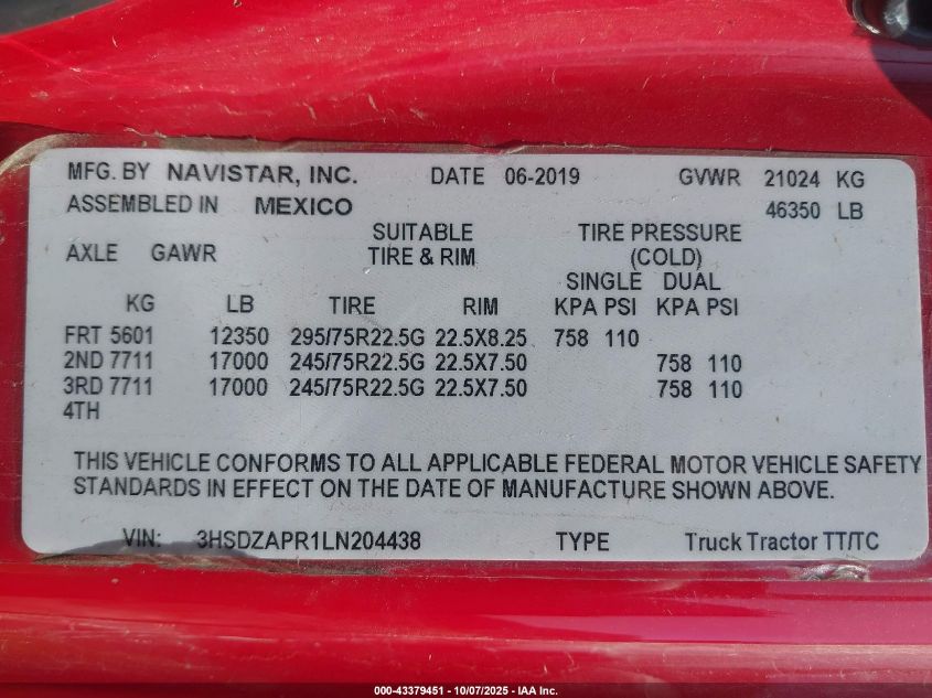 2020 International Lt VIN: 3HSDZAPR1LN204438 Lot: 43379451