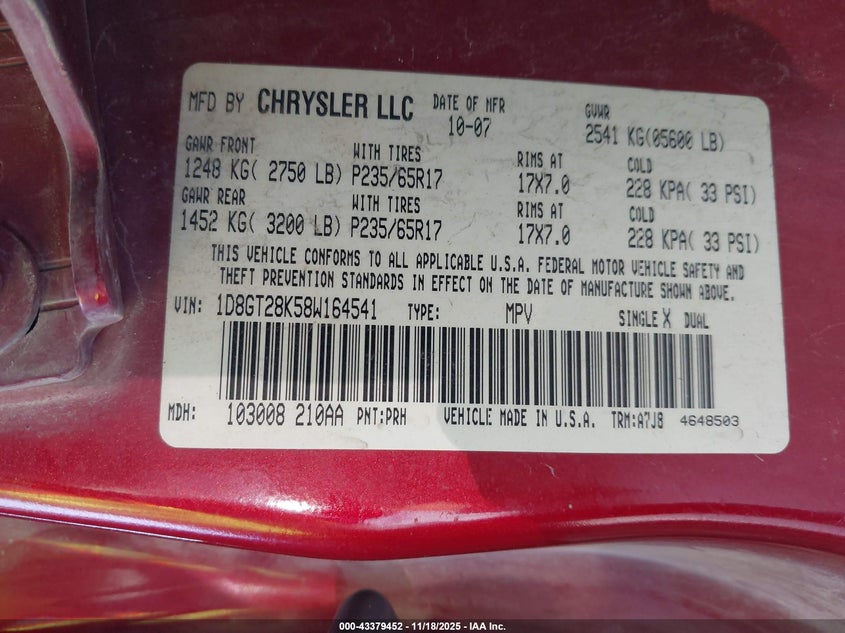 2008 Dodge Nitro Sxt VIN: 1D8GT28K58W164541 Lot: 43379452