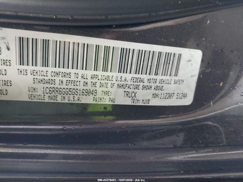 2016 Ram 1500 Big Horn VIN: 1C6RR6GG5GS169049 Lot: 43379453