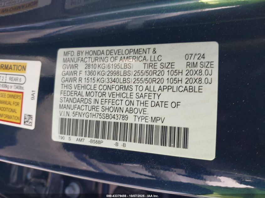 2025 Honda Pilot Touring VIN: 5FNYG1H75SB043789 Lot: 43379456