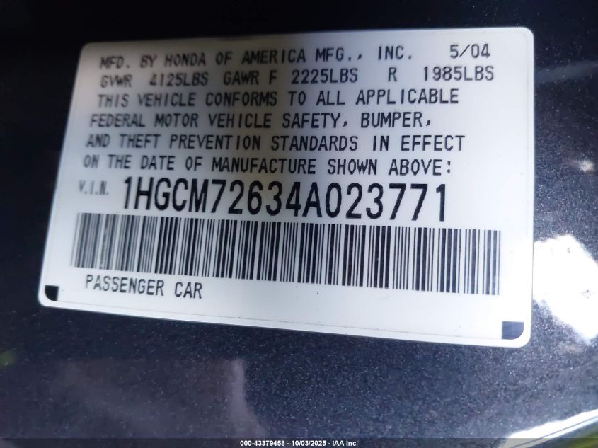 2004 Honda Accord 2.4 Ex VIN: 1HGCM72634A023771 Lot: 43379458