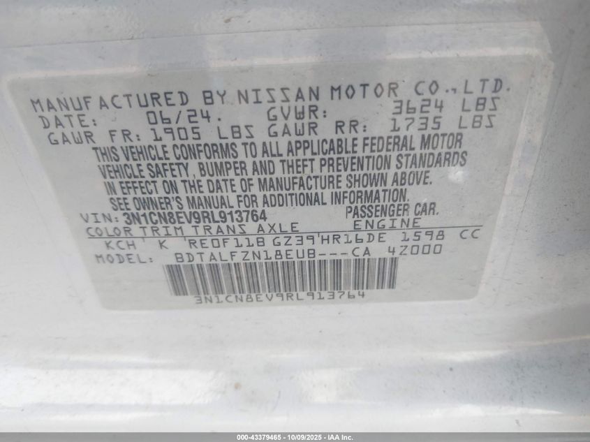 2024 Nissan Versa 1.6 Sv VIN: 3N1CN8EV9RL913764 Lot: 43379465