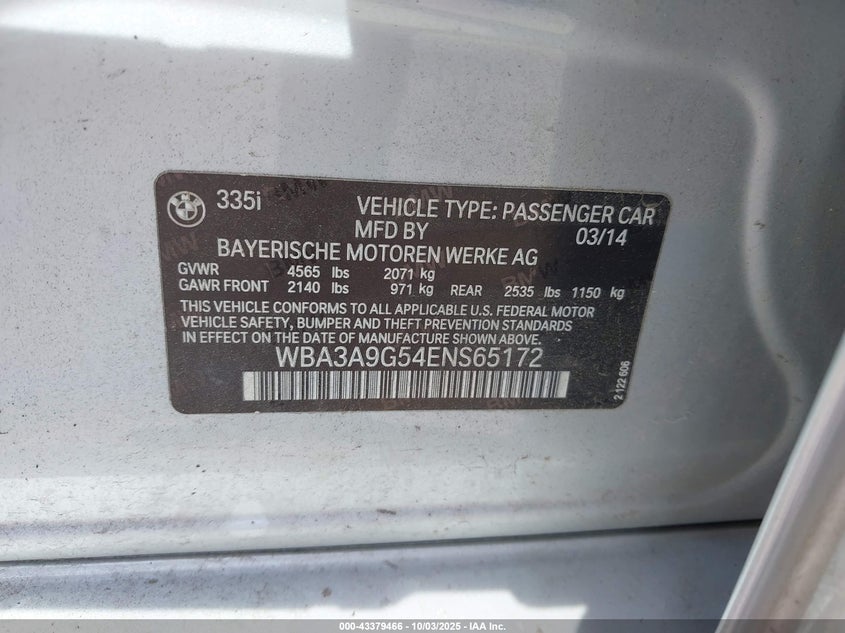 2014 BMW 335I - WBA3A9G54ENS65172
