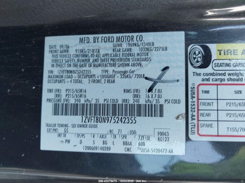 2007 Ford Mustang V6 Deluxe/V6 Premium VIN: 1ZVFT80N975242355 Lot: 43379479