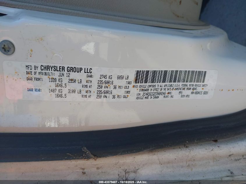 2012 Dodge Grand Caravan Sxt VIN: 2C4RDGCG2CR404246 Lot: 43379487