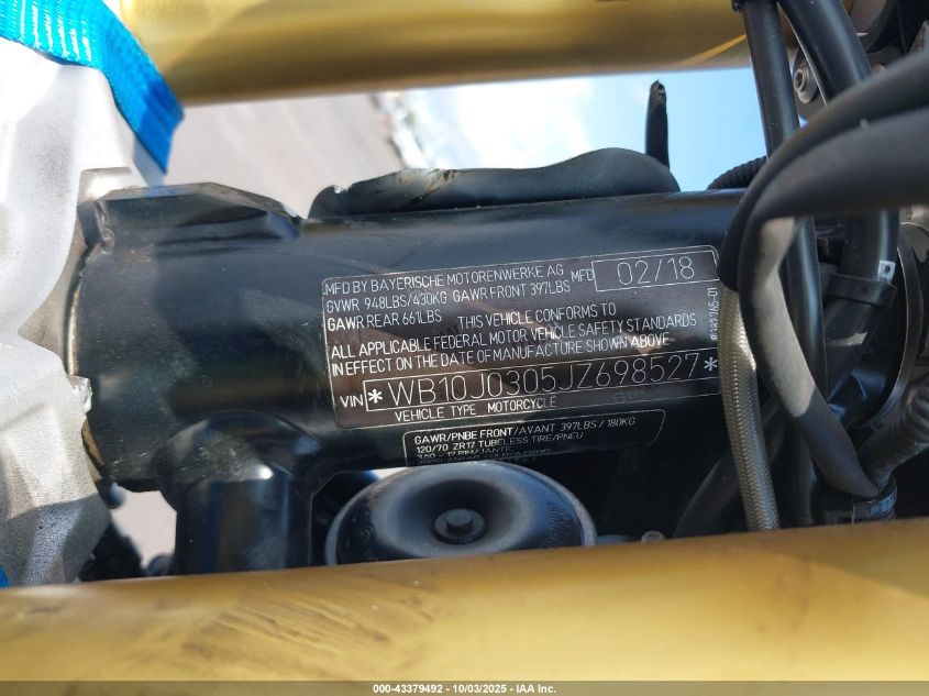2018 BMW R Nine T VIN: WB10J0305JZ698527 Lot: 43379492