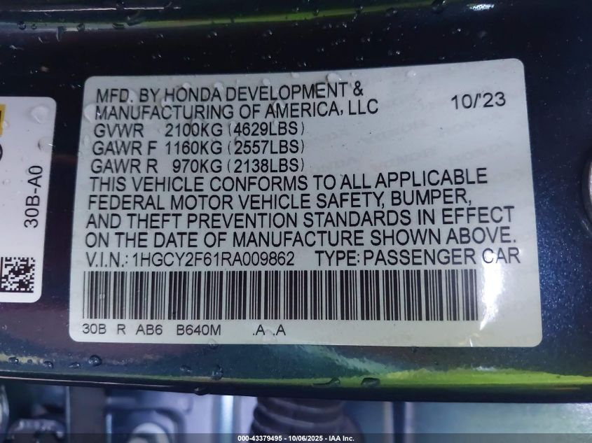 2024 Honda Accord Hybrid Ex-L VIN: 1HGCY2F61RA009862 Lot: 43379495