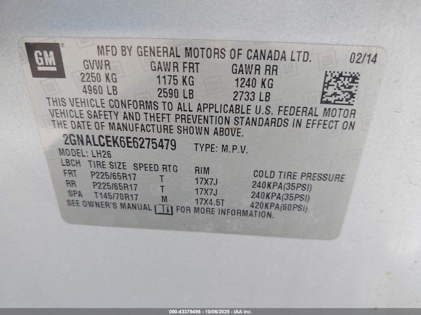 2014 Chevrolet Equinox 2Lt VIN: 2GNALCEK6E6275479 Lot: 43379496